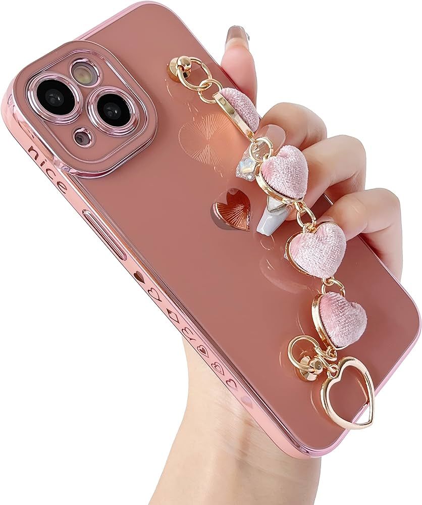 Caseative Cute Plating Love Heart Wrist Strap Chain Bracelet Soft Compatible with iPhone Case for... | Amazon (US)