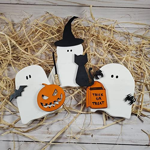 3 Pieces Halloween Decor Wooden Ghost Sign Table Tiered Tray Decorations, Trick or Treat Candy Sign Blocks for Party Home Shelf Display (B) | Amazon (US)