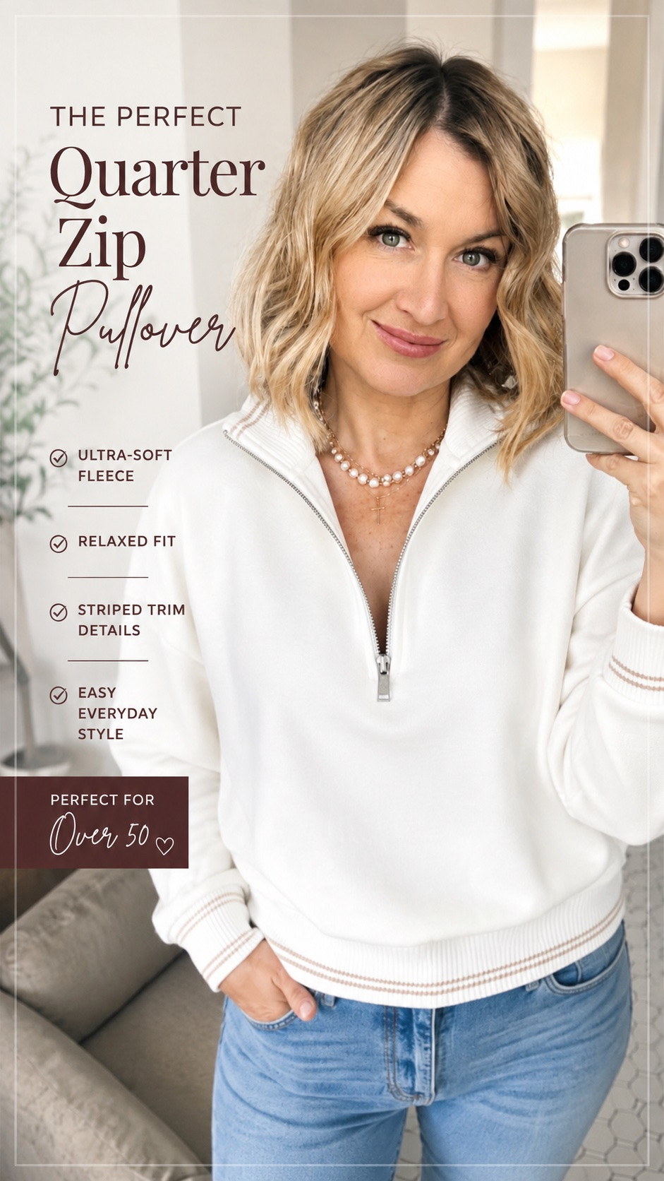 If you’re looking for that perfect throw-on-and-go layer for fall, this quarter-zip pullover is such a good find. 🤍
I love the relaxed fit, the ultra-soft fleece feel, and the striped ribbed trim at the collar, cuffs, and hem—it gives it a much more elevated look than a basic sweatshirt. The cotton-rich fabric (66% cotton, 34% polyester) is soft, cozy, and easy to care for, making it perfect for everyday wear.
I paired mine with light-wash jeans for an effortless casual outfit that’s comfortable, polished, and easy to recreate.

Perfect for:
• Women over 50 fashion
• Midsize style inspiration
• Casual fall outfits
• Walmart fashion finds
• Cotton-rich sweatshirts
• Quarter-zip pullover
• Neutral wardrobe essentials
• Weekend outfits
• Travel outfits
• Elevated basics
• Relaxed fit fashion
• Cozy everyday style
This is one of those versatile pieces you’ll reach for again and again all season long.