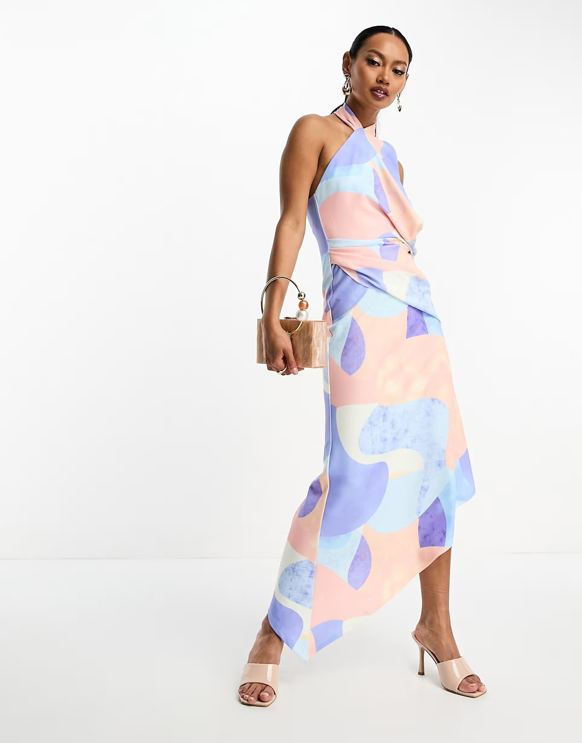 ASOS DESIGN halter draped midi skater dress in pink and blue smudge print | ASOS (Global)