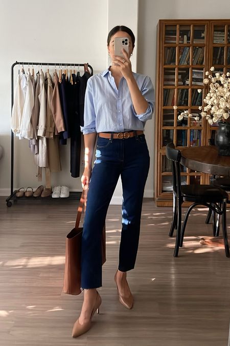 Spring workwear with jeans 

- spring workwear, work outfit, office outfit, jeans, button up, heels, tote 

#LTKworkwear