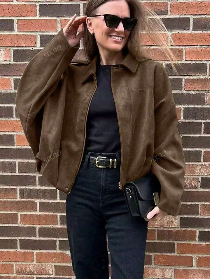 Women's Bomber Jacket Spring Coat Loose Long Sleeves Zip Vintage Jacket Ladies New Jacket Green O... | SHEIN