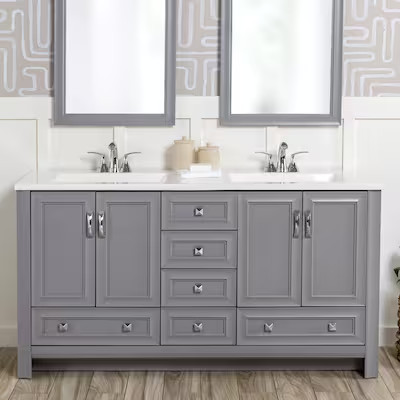 Diamond NOW Owen 60-in Sterling Gray Double Sink Bathroom Vanity with White Cultured Marble Top L... | Lowe's