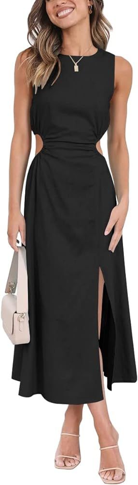 LILLUSORY Womens Cutout Split Linen Cotton Sleeveless Slit Maxi Dress | Amazon (US)