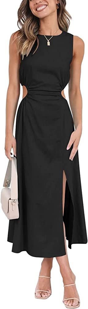 LILLUSORY Womens Cutout Split Linen Cotton Sleeveless Slit Maxi Dress | Amazon (US)