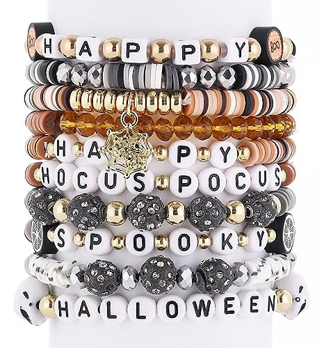Cooluckday 10Pcs Halloween Beads for Bracelets Set Stackable Bracelet for Women Halloween Bracelets Pumpkin Spider Ghost Charms Bracelets BOO Happy Halloween Stretch Bracelets Set Holiday Gift | Amazon (US)