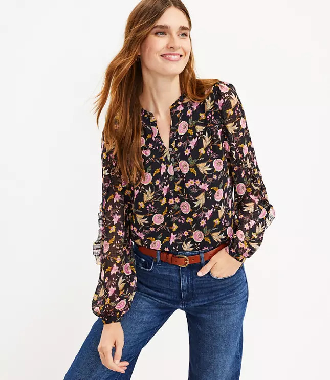 Floral Ruffle Sleeve Blouse | LOFT