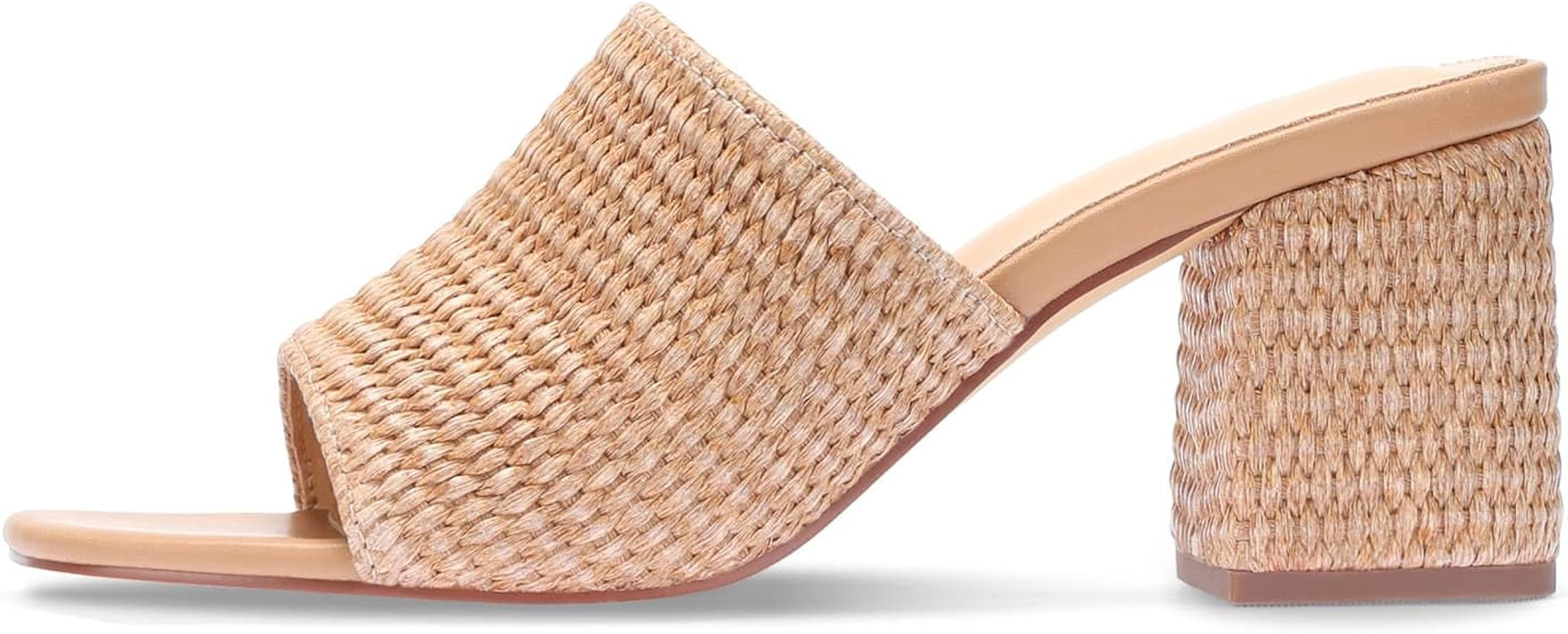 Monrovia Raffia Heels for Women, Square Open Toe Woven Slip On Sandals with Block Wedge Heel - Ca... | Amazon (US)