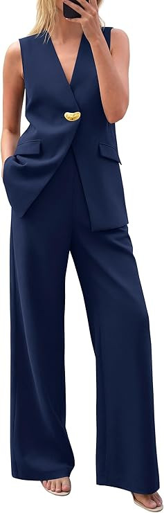 KIRUNDO Pant Suits for Women Dressy 2 Piece Sets Sleeveless Blazer Vest Wide Leg Matching Pantsui... | Amazon (US)
