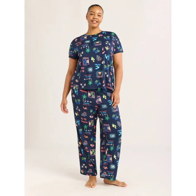 Joyspun Women's Short Sleeve Sleep Top and Open Leg Pants Pajama Set, 2-Piece, Sizes XS-3X | Walmart (US)