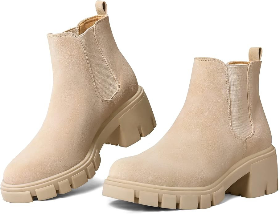 mysoft Women's Platform Chelsea Boots Lug Sole Slip On Chunky Block Heel Ankle Booties | Amazon (US)