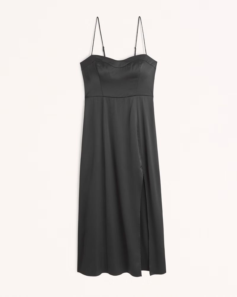 Abercrombie & Fitch Women's Satin High-Slit Midi Dress in Black - Size XS | Abercrombie & Fitch (US)