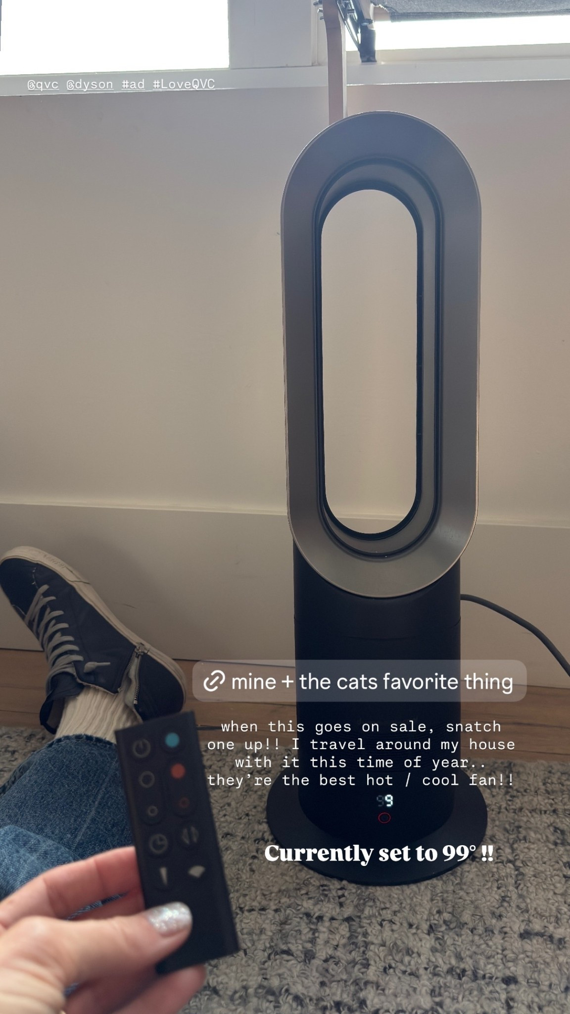Currently set to 99°!! when this goes on sale, snatch one up!! I travel around my house with it this time of year.. they’re the best hot / cool fan!! @qvc @dyson #ad #LoveQVC