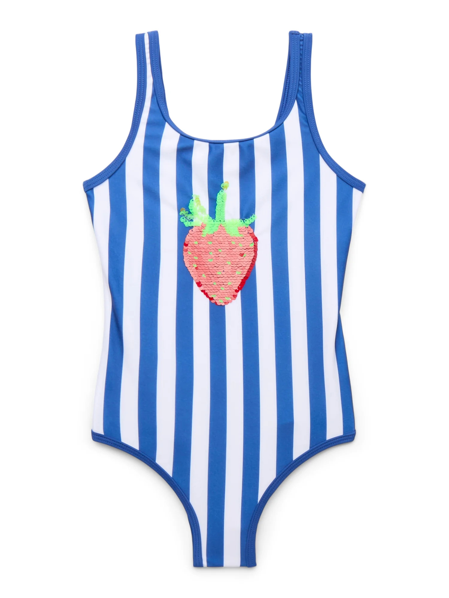 Wonder Nation Girls Flip Sequin Strawberry Striped One-Piece Swimsuit with UPF 50, Sizes 4-18 & P... | Walmart (US)