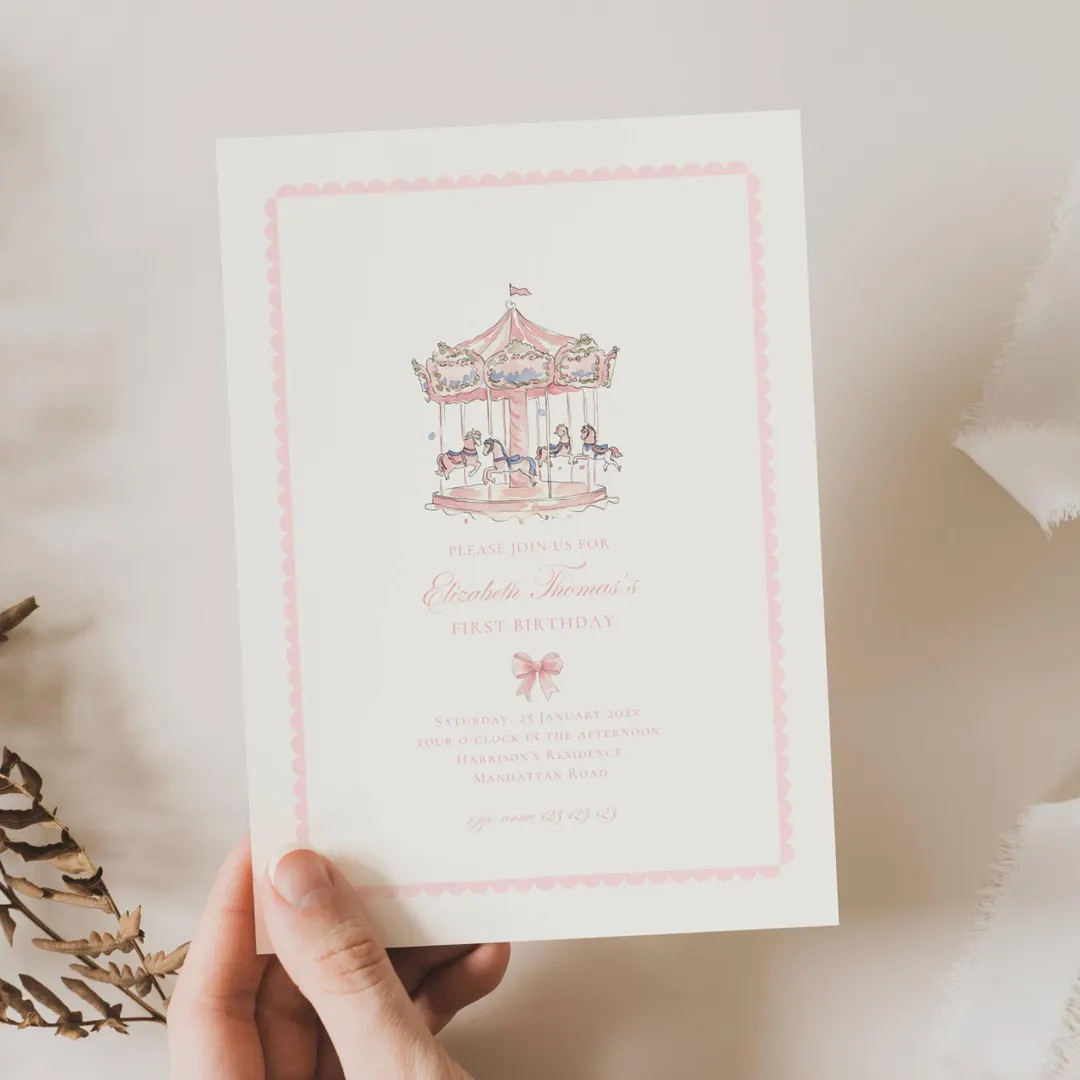Carousel Birthday Invite: Round and Round We Go (Editable Template), Pastel Pink, Carnival Theme ... | Etsy (US)