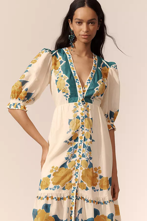 x Anthropologie Puff-Sleeve Printed Midi Dress | Anthropologie (US)