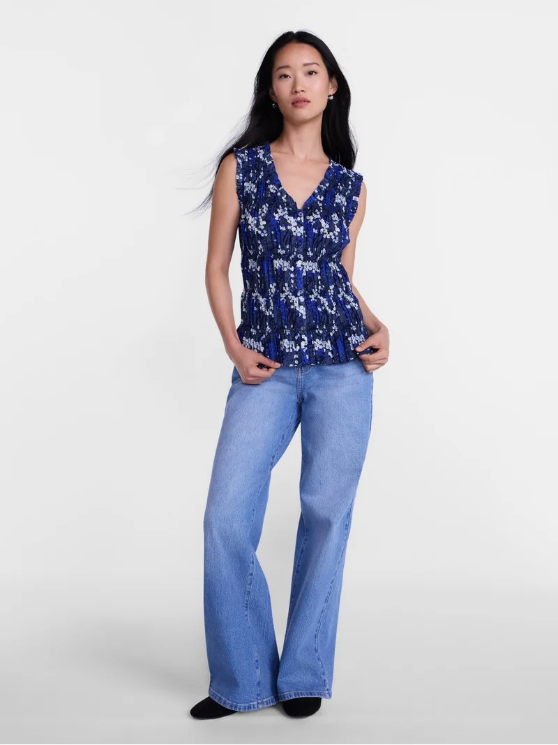 Scenario Women's Smocked Sleeveless Button Front Top, Sizes XS-XXXL | Walmart (US)