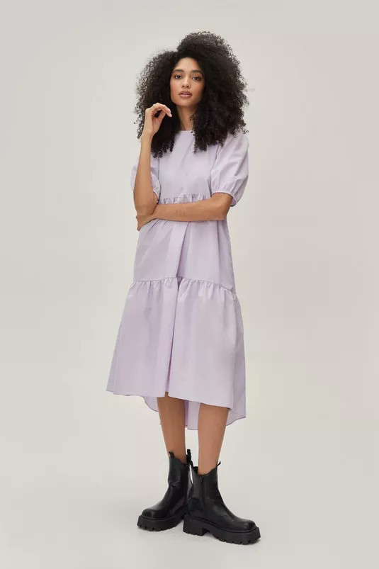 Puff Sleeve Crew Neck Tiered Midi Dress | Nasty Gal (US)