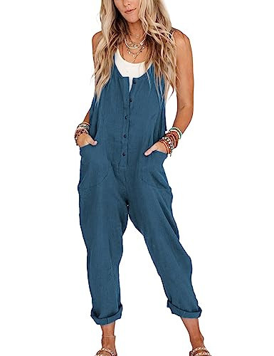 Amazon.com: Yeokou Womens Overalls Linen Cotton Jumpsuits Loose Casual Jumpers with Pockets(LakeB... | Amazon (US)