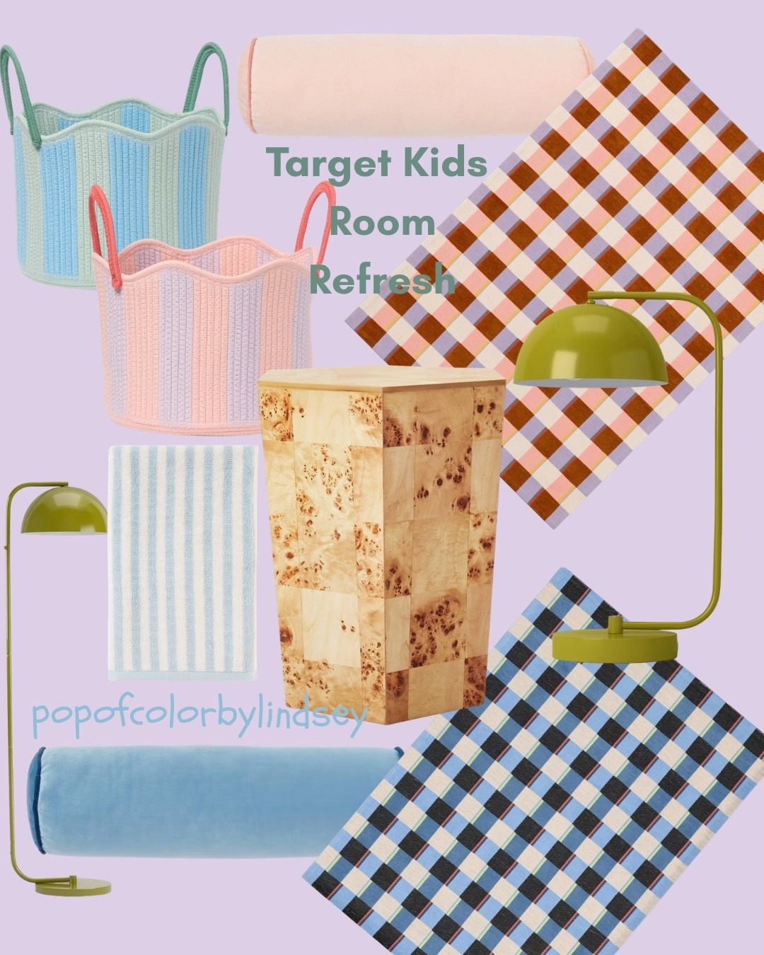 Burlwood table we love 🤎 adds so much warmth to a space. Perfect bedside table or next to a chair. 

Gingham plaid rug in the prettiest colorways.

Hand towels we love 🩵 preppy storage bins. This green lamp is so fun. We have the table top one and might need the floor lamp size as well.

Loving these velvet bolster pillows.

Room refresh 🩵🩷💙💚

#LTKdayinmylife #LTKHome #LTKSeasonal