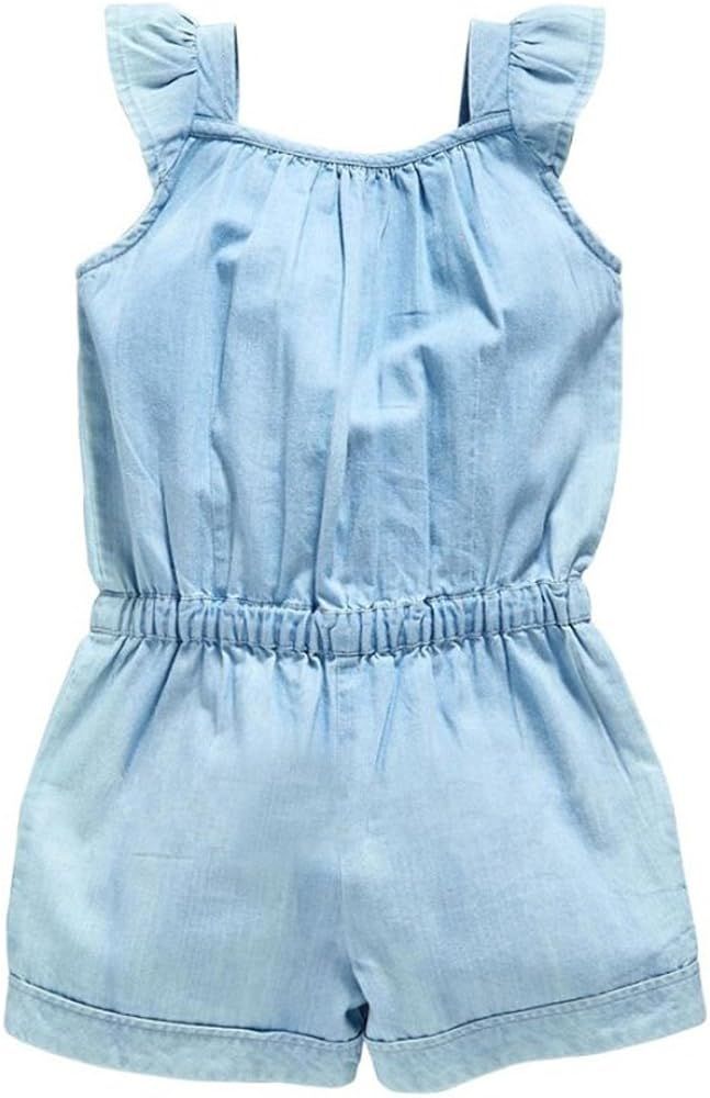 OWIKAR Baby Girls Rompers Lace Denim Vest Shorts Boat Neck Summer Dress for Age 1-6 Blue | Amazon (US)