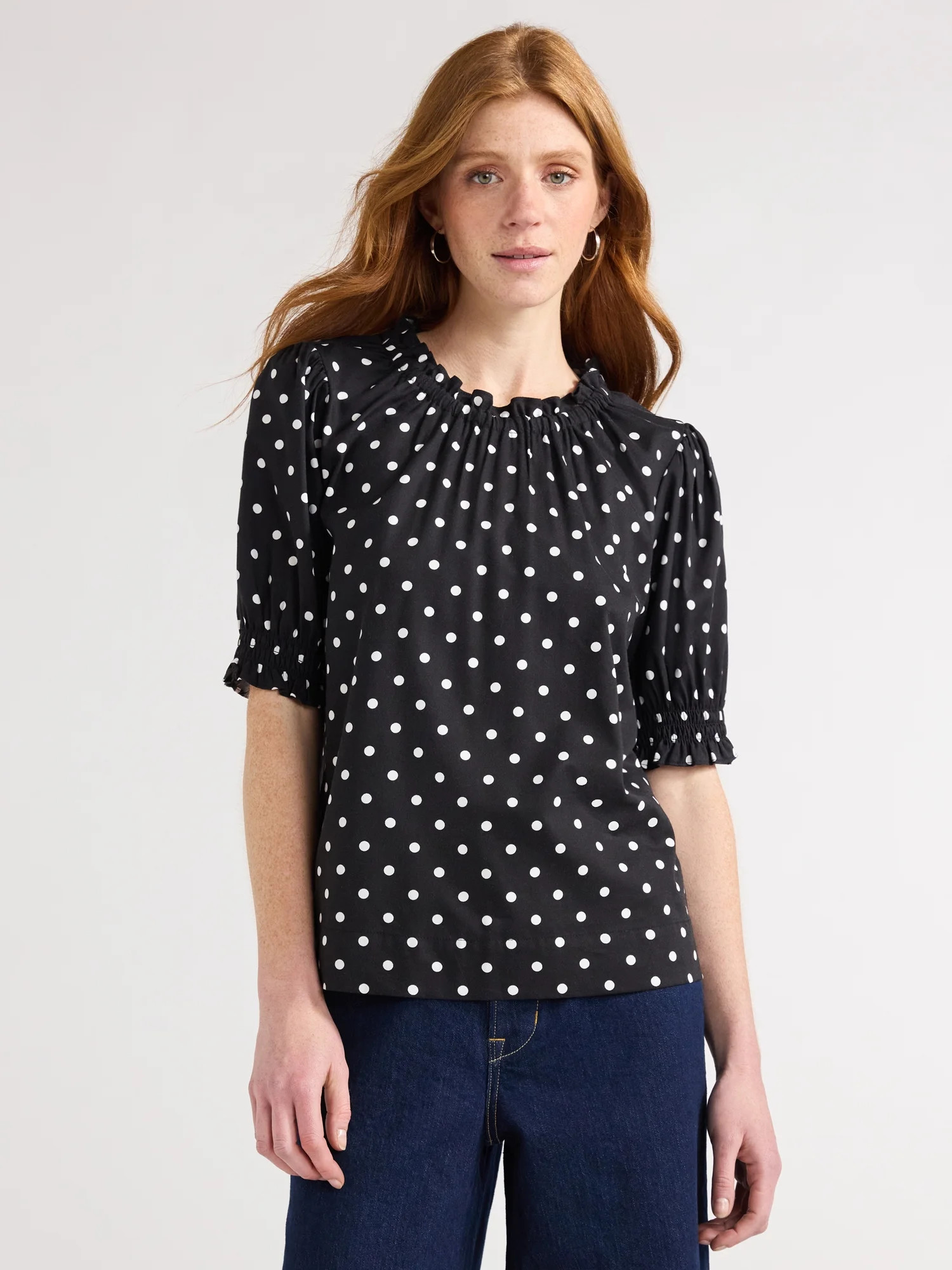 Free Assembly Women's Ruffle Polka Dot Top with Puff Sleeves, Sizes XS-XXL | Walmart (US)