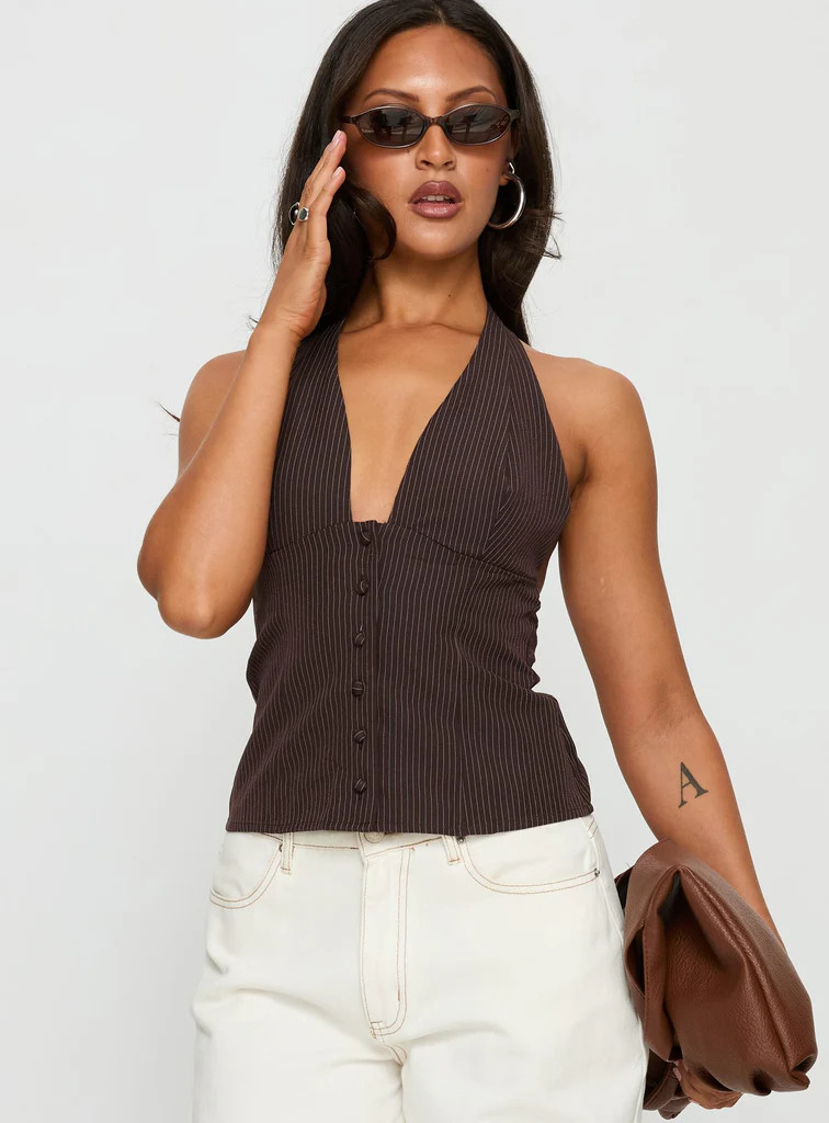 Serefina Halter Top Brown Stripe | Princess Polly US