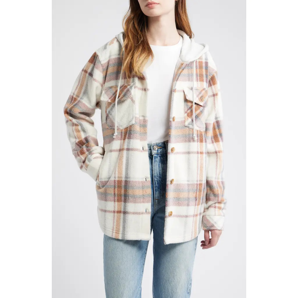 Thread & Supply Hooded Fleece Shacket in Buttercream Plaid at Nordstrom Rack, Size Large | Nordstrom Rack