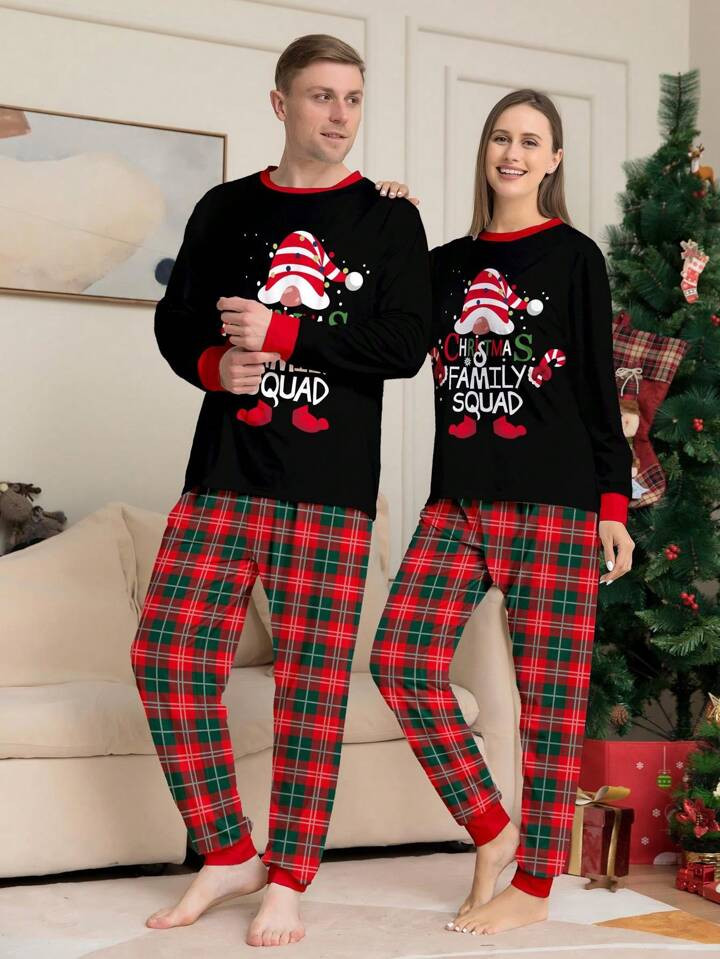 2pcs Women Santa Hat & Letter Graphic Long Sleeve Top And Plaid Pants Christmas Pajama Set, New A... | SHEIN