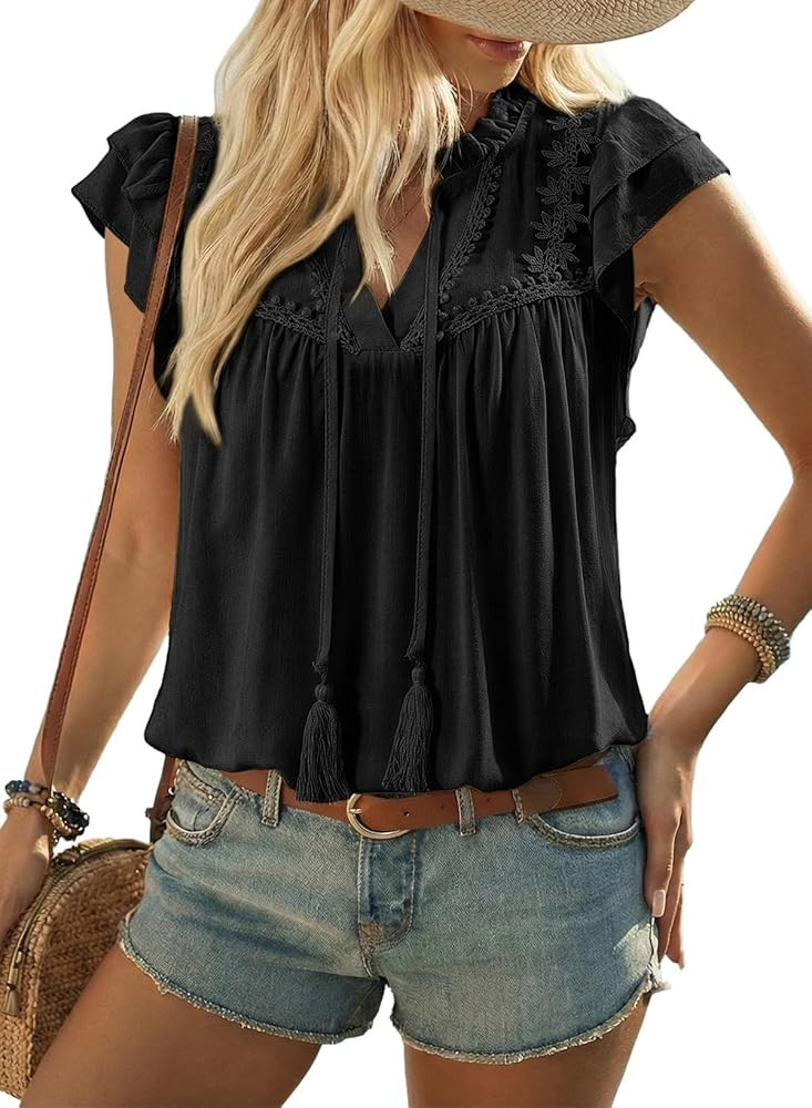 Dokotoo Womens Summer Tops Dressy Casual Ruffle Cap Sleeve Chiffon Blouses Tassel V Neck Lace Emb... | Amazon (US)