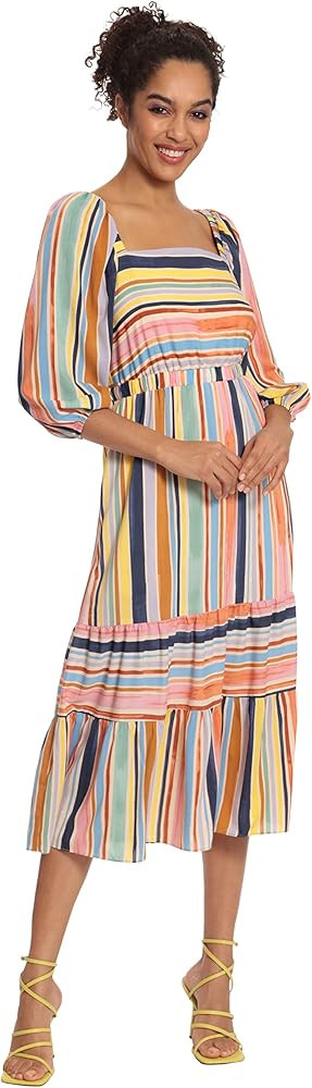 Donna Morgan Women's Square Neck, 3/4 Puff Sleeve Tiered Midi Dress Day Event Party Guest of | Amazon (US)