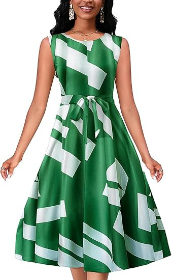 Women's Casual Floral Printed Sleeveless Dress for Women Round Neck Flowy Party Midi Dresses | Amazon (US)