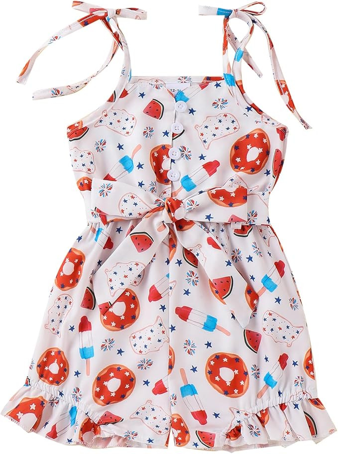 Toddler Girl 4th of July Outfit Star Stripe Flag Tie-Up Romper Overall Short Jumpsuit with Belt M... | Amazon (US)