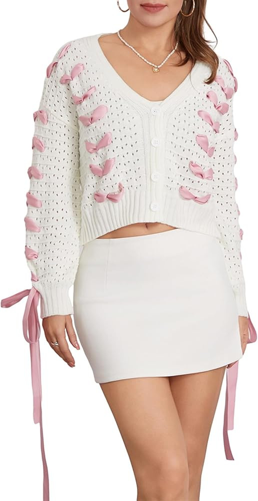 Women Fashion Contrast Color Knit Sweater Casual Long Sleeve V-Neck Button Cardigan Y2k Satin Rib... | Amazon (US)