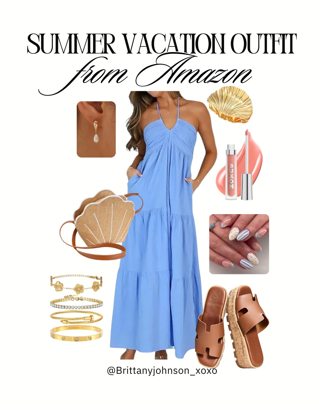 Summer vacation outfit idea from Amazon! 🐚☀️ The blue maxi + shell accessories are such a cute combo for a beach vacation! 

 #LTKootd #LTKSeasonal #LTKSaleAlert