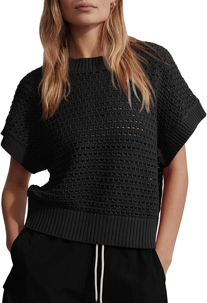 Saodimallsu Women's Sleeveless Knit Sweater Vest Casual Crochet Hollow Out Cap Sleeve Crewneck 20... | Amazon (US)