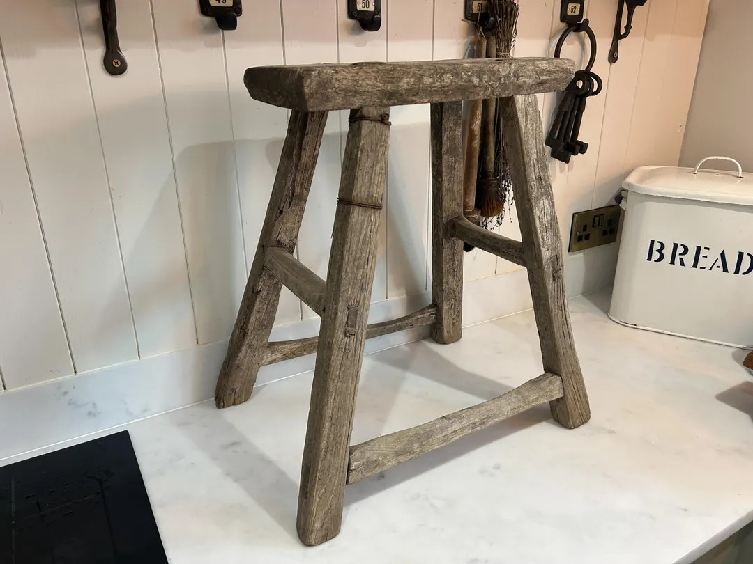 Antique Vintage Tall Elm Rustic Wooden Farmhouse Stool - Etsy | Etsy (US)
