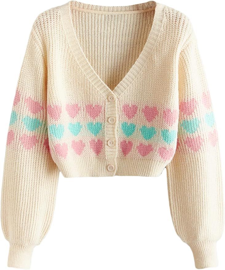 MakeMeChic Women's Heart Print Button Front Bishop Sleeve Cardigan Crop Top | Amazon (US)