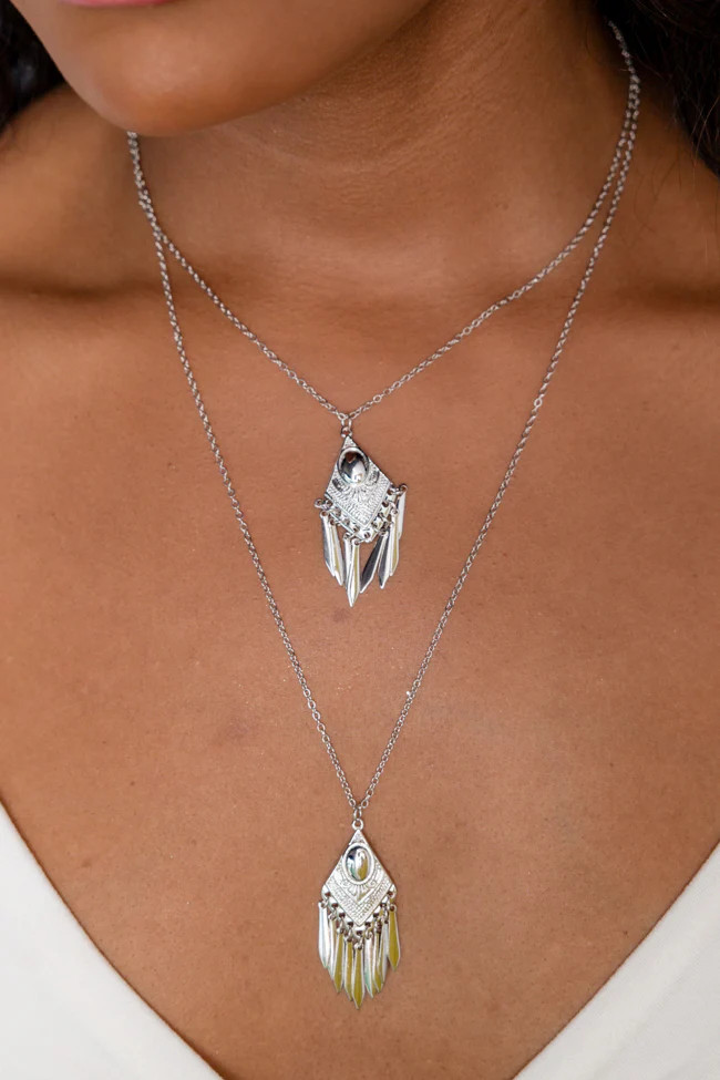 Silver Fringe Pendant Necklace | Pink Lily