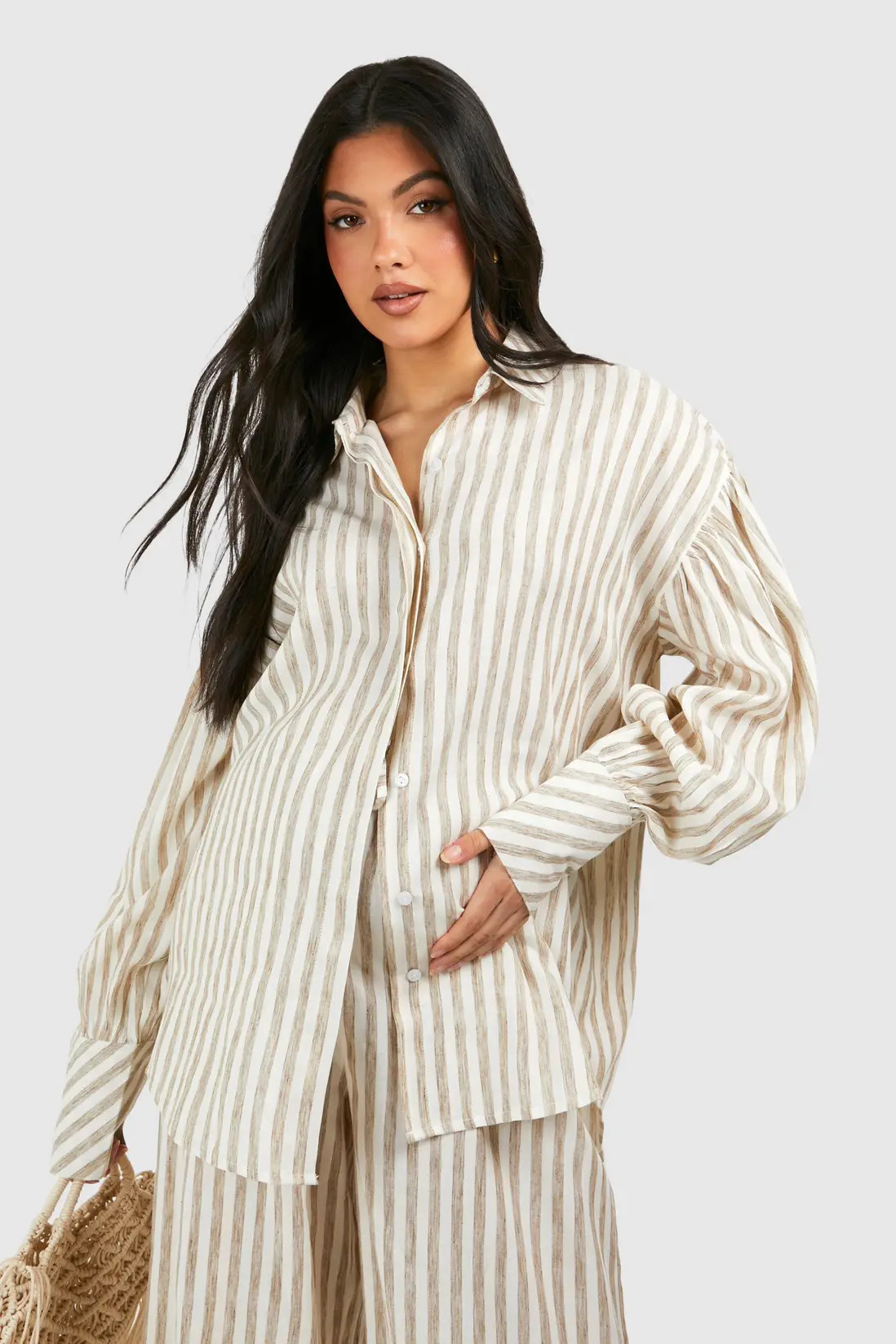 Maternity Stripe Linen Look Oversized Shirt | Boohoo.com (UK & IE)