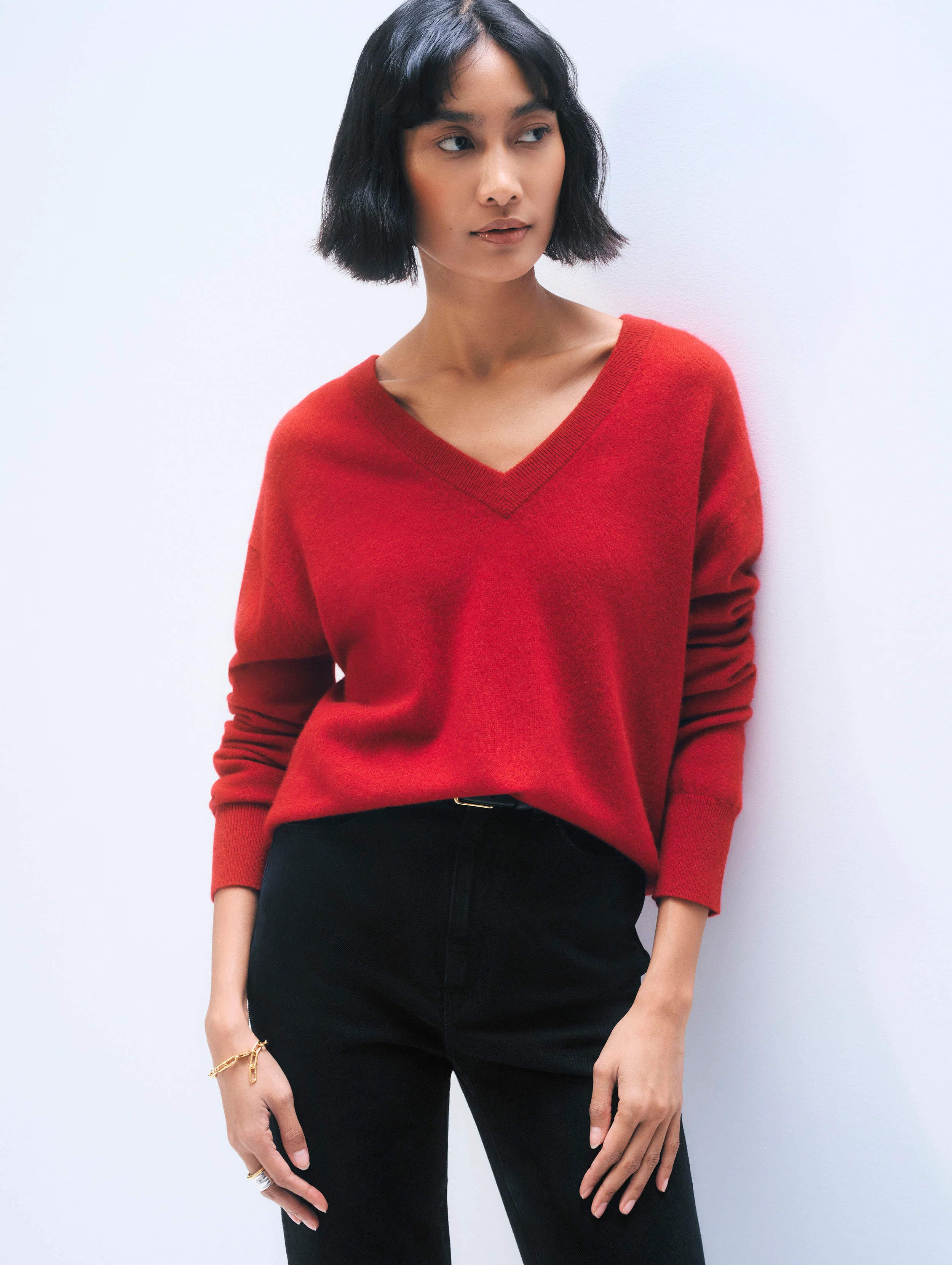 Cashmere V Neck | Deep Crimson | White and Warren