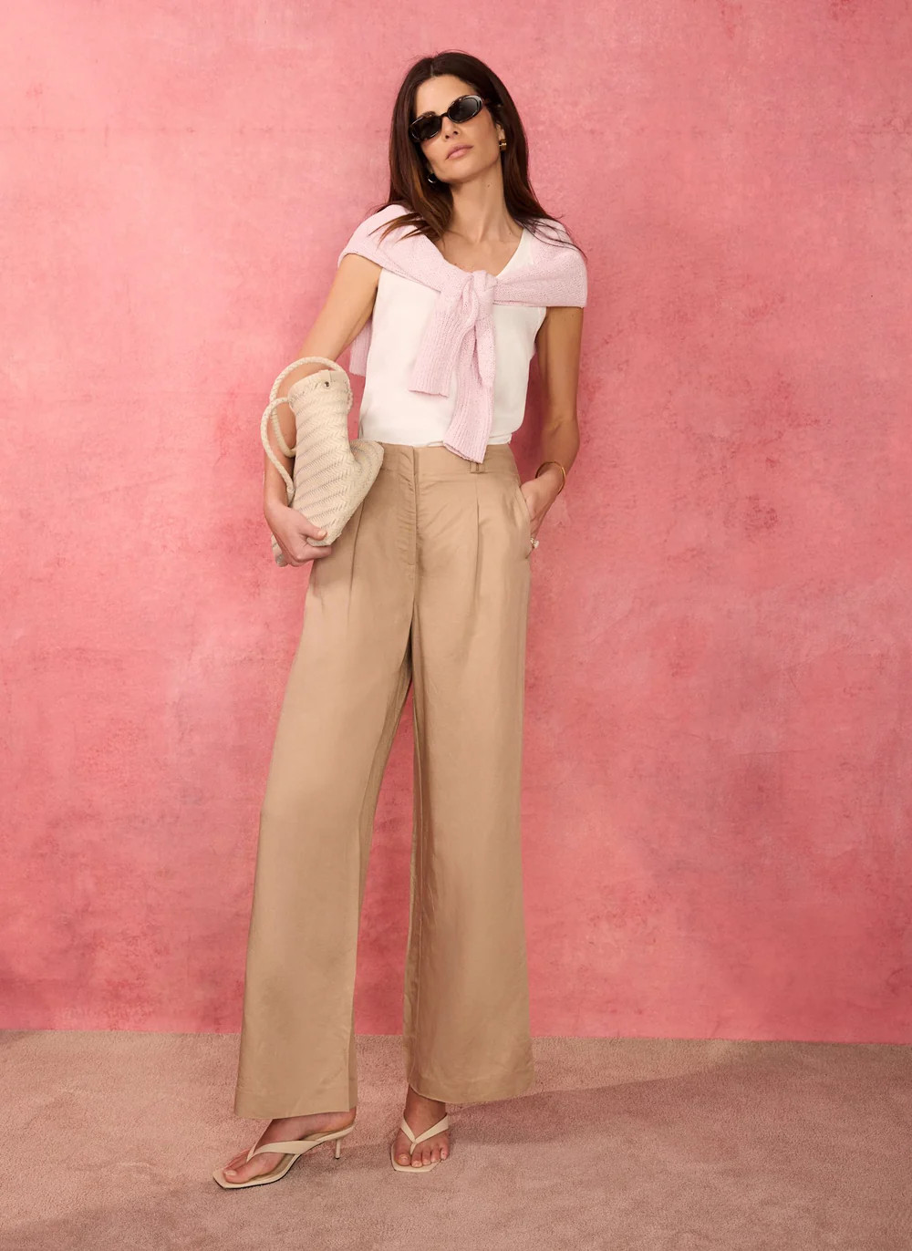 Neutral Linen Blend Wide Leg Trousers | Mint Velvet