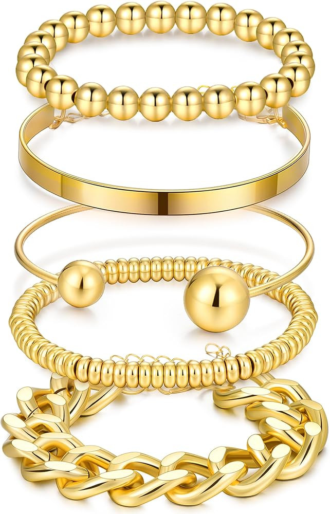YEEZII Gold Bracelets Stack for Women Trendy, 5 Pcs Chunky Adjust Chain Beaded Cuff Bangles Brace... | Amazon (US)
