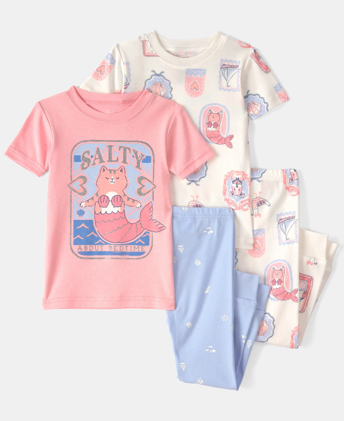 Carter's Girls' Toddler 2T-5T Mermaid Cat Print Top and Pajama Pants, 4-Piece Set - Pink/Ivory | Macy's