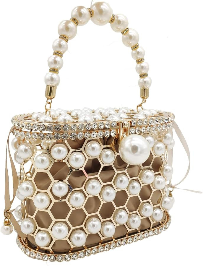 Synthetic Pearl Top-Handle Women Metal Bucket Bag Crystal Evening Purses and Clutches Formal Wedd... | Amazon (US)