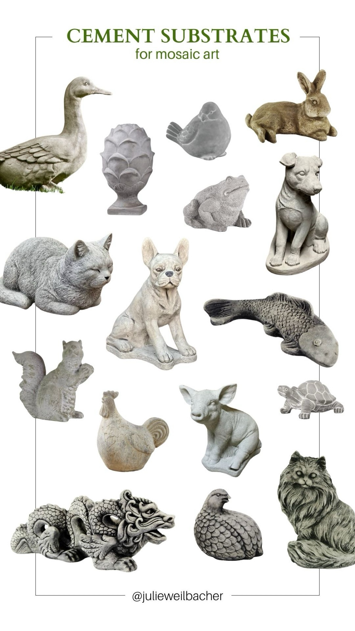 It’s time to turn our attention to our outdoor spaces. ☀️ A fun way to add personality is to include a cement animal statue. ☀️ If you’re into making mosaic art, these statues are also great substrates for your tile work. ☀️ For mosaic tips, tutorials, inspiration, and so much more please visit my YouTube channel: YouTube.com/julieweilbacher. Follow @julieweilbacher on Instagram for all things mosaic art. garden art - cement statue - cement figure - mosaics - cement object - patio decor - deck decor - cement garden art - cement animal statue - decorative figure

#LTKhome #LTKSeasonal