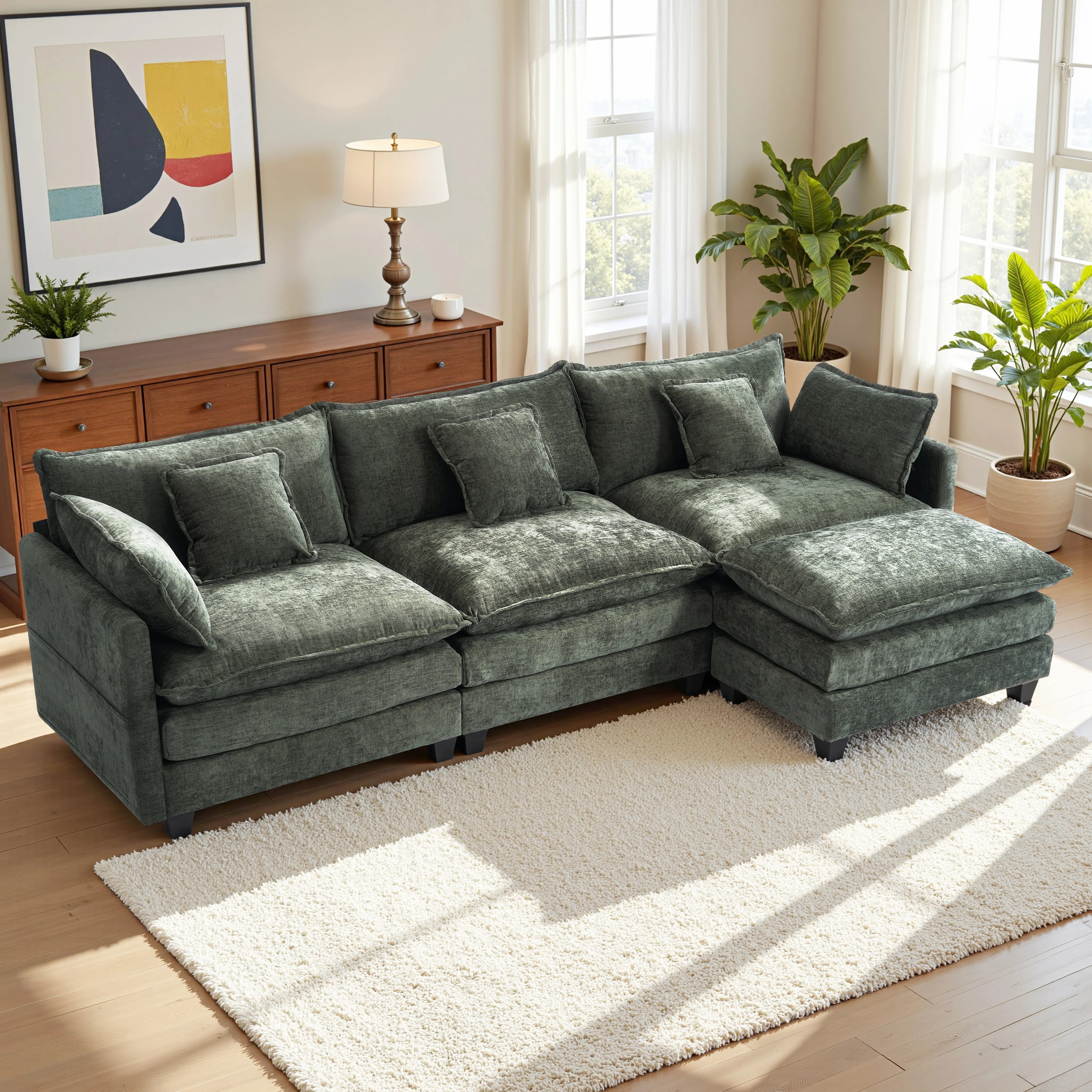 Latitude Run® Chenille 3-Seat Sectional Sofa - Modular Deep Seat Sleeper Couch with Ottoman, Com... | Wayfair North America