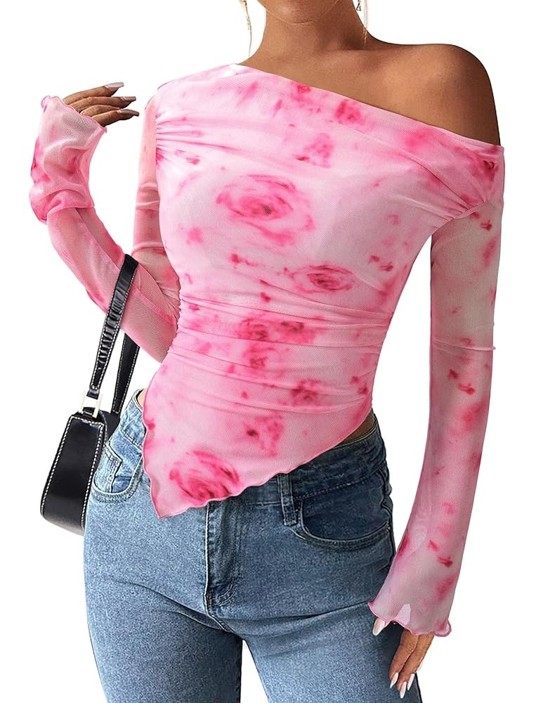 PRETTYGARDEN Womens Fall Trendy Off Shoulder Y2k Tops 2025 Tie Dye Mesh Long Sleeve Shirts Asymme... | Amazon (US)