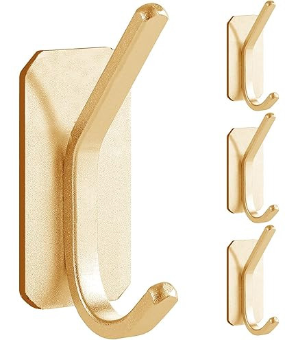 pickpiff Self Adhesive Hooks, Extra Sticky 10LB (Max), Heavy Duty Stainless, Stick On Wall and Door Hooks for Hanging, Bathroom Towel Hooks and Coat Hooks, Robe Hook Wall Mounted, Gold, 4 Pack | Amazon (US)