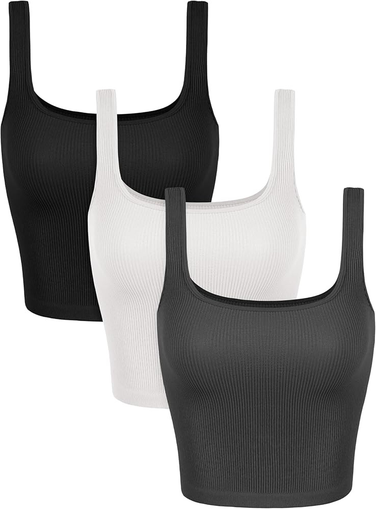 ODODOS 3-Pack Seamless Square Neck Crop Tank for Women Ribbed Knit Soft Low Back Cropped Tops | Amazon (US)